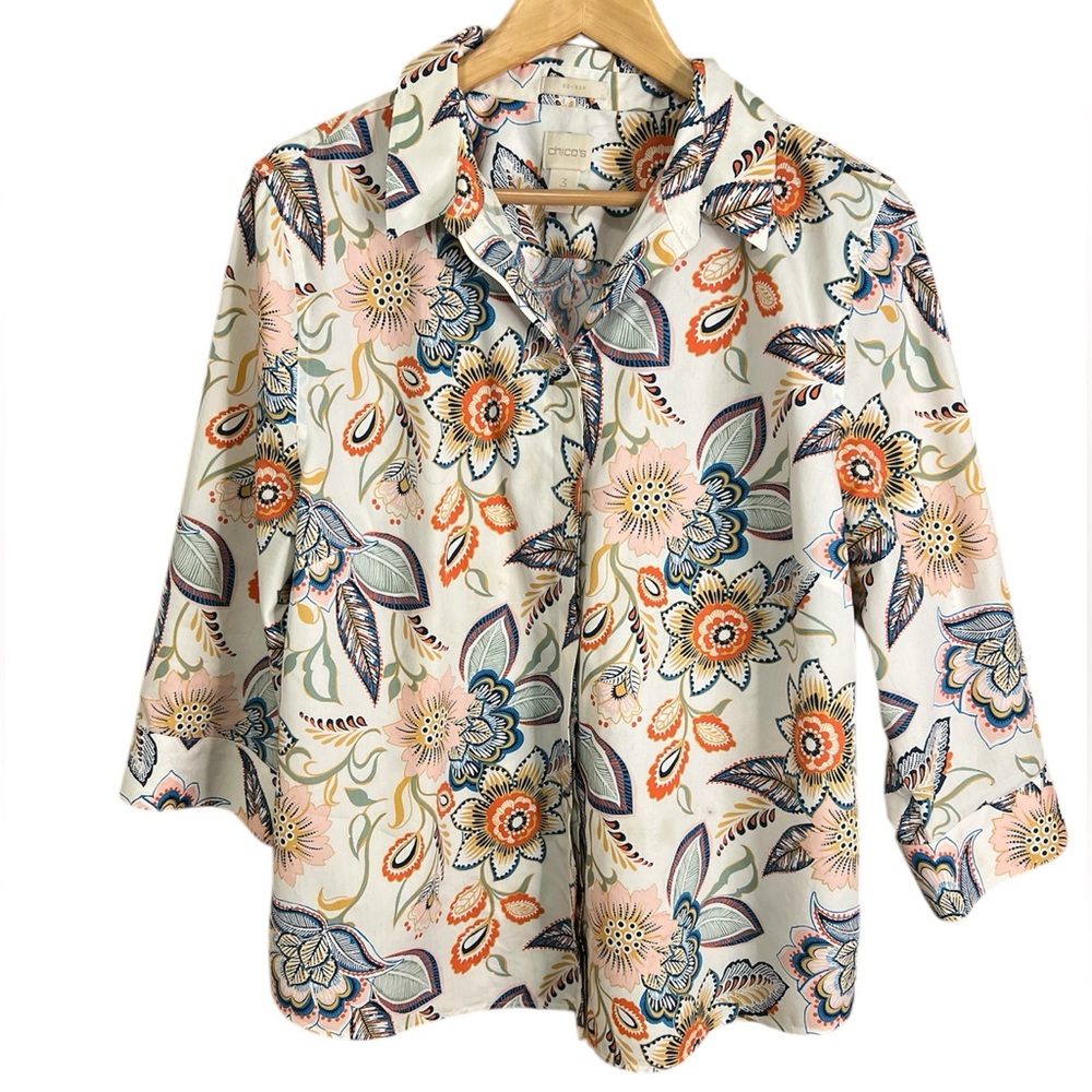 Chico's No Iron Floral Pop Button Back Shirt 3/4 Sleeve Blouse Women's Size XL 3